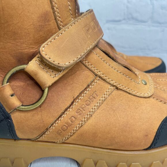 VTG Polo Ralph Lauren Sports Boots Tan Duck Leather Double Zip Strap Hunt Shoes - Picture 8 of 16